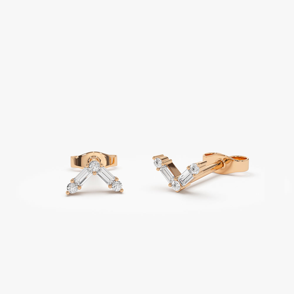 OBFJ0169 - 14k Rose Minimal Baguette and Round Diamond Earrings 1