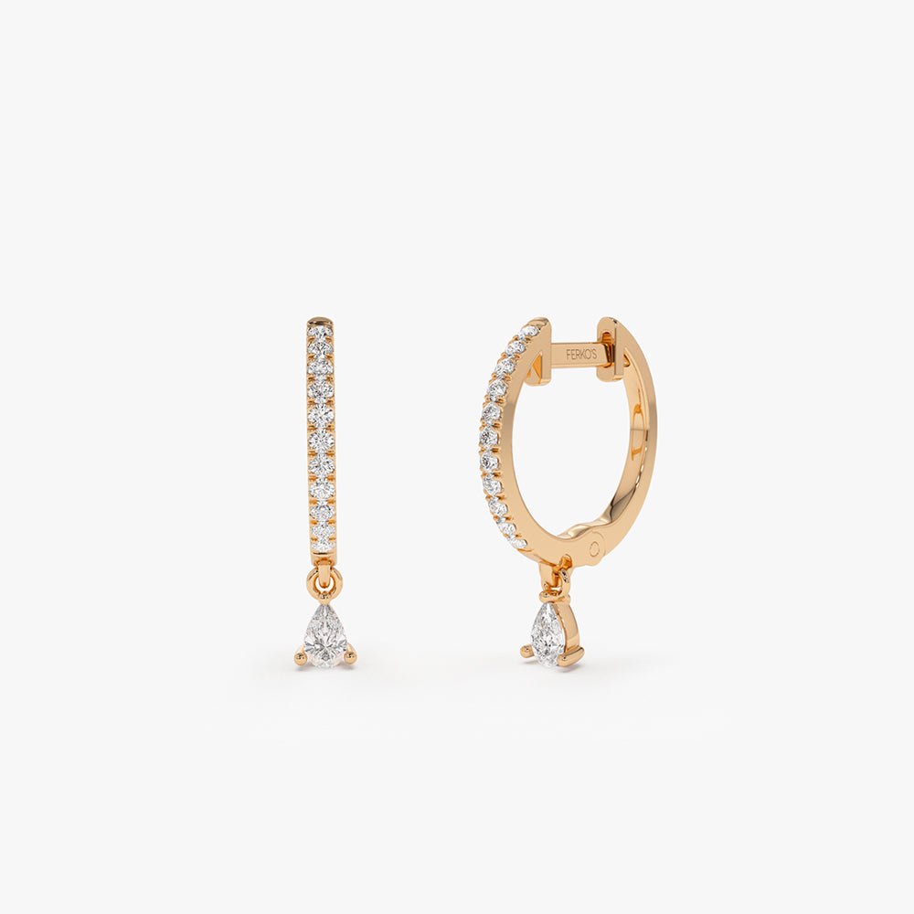 OBFJ2138 - Diamond Huggies with a Dangling Pear Shape Diamond earrings in selectable metal and diamond options - Roselle Jewelry view 3