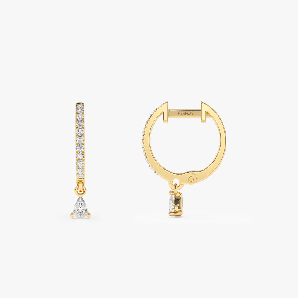 OBFJ2138 - Diamond Huggies with a Dangling Pear Shape Diamond earrings in selectable metal and diamond options - Roselle Jewelry view 5