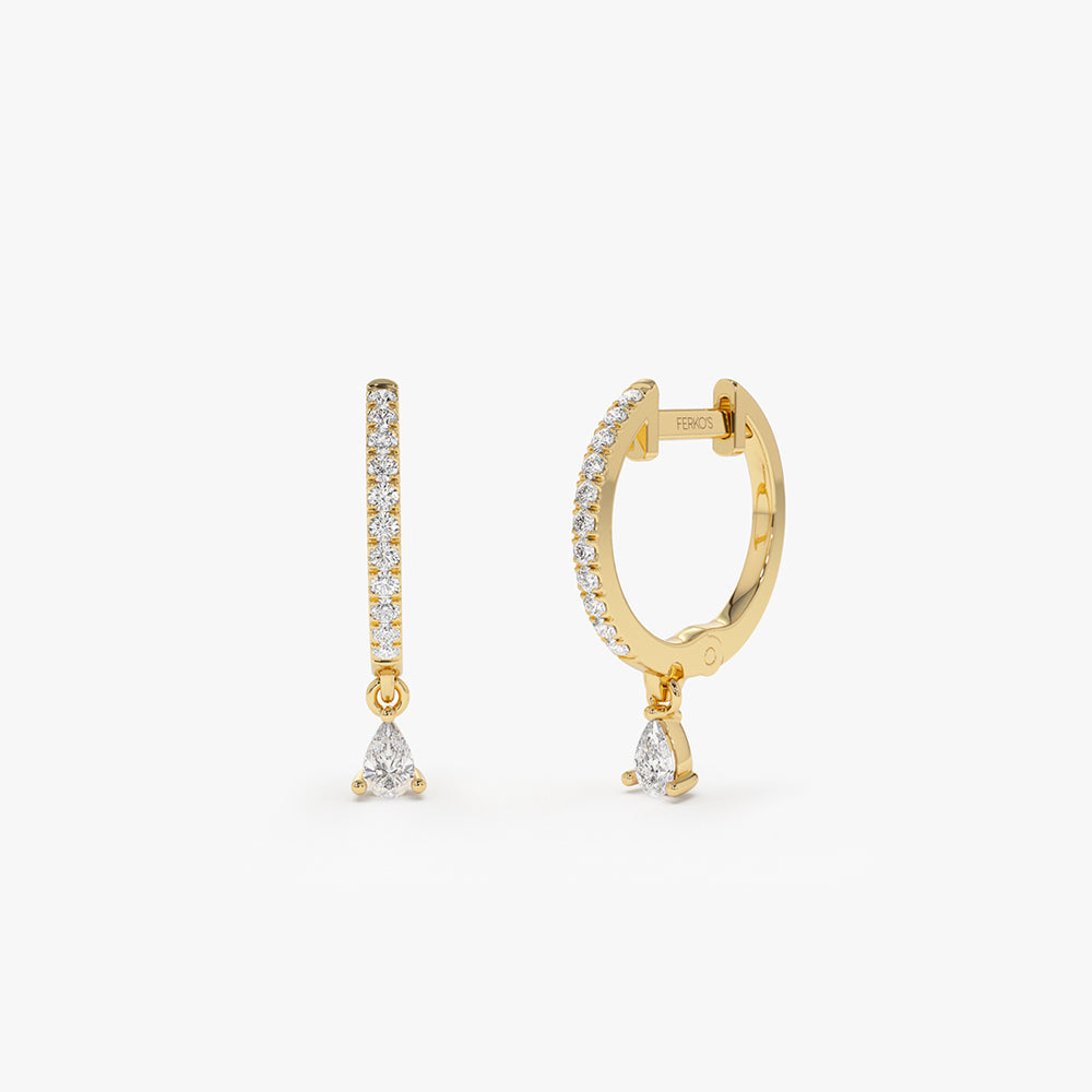 OBFJ2138 - Diamond Huggies with a Dangling Pear Shape Diamond earrings in selectable metal and diamond options - Roselle Jewelry view 1