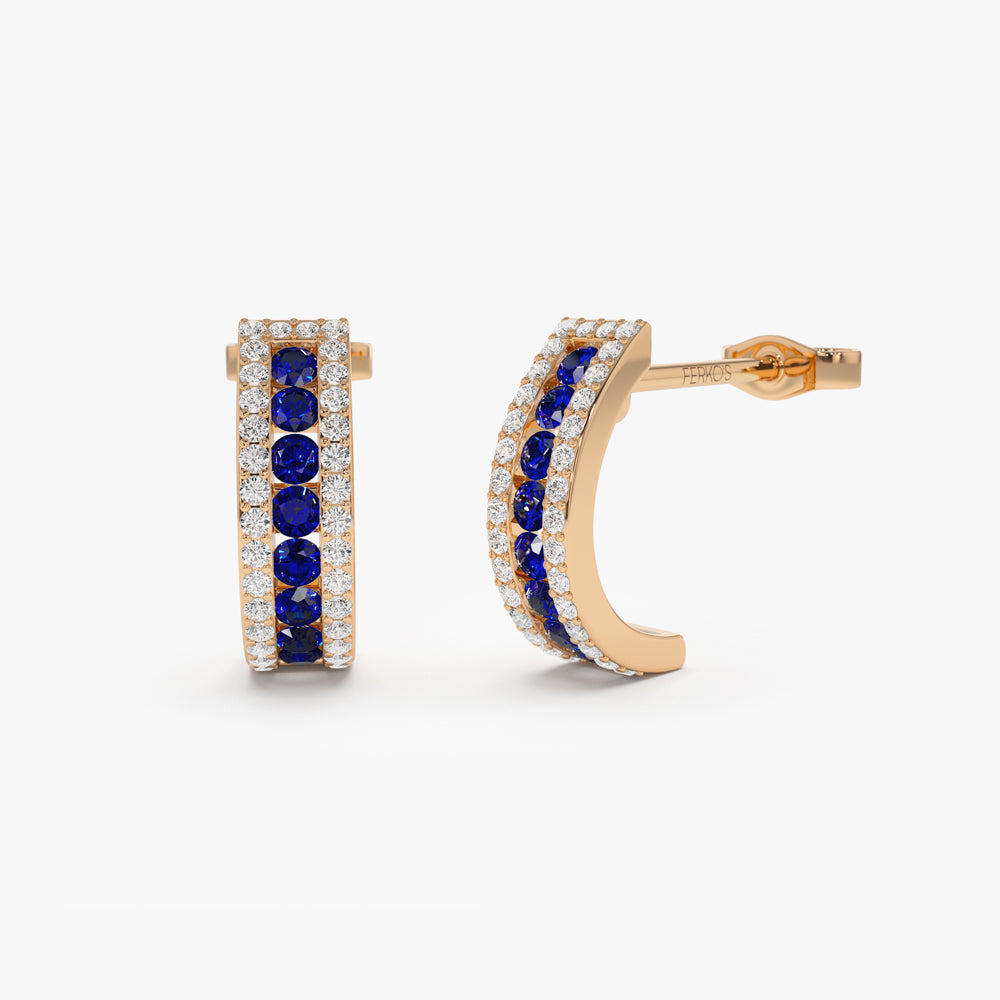 OBFJ1548 - 14k Sapphire and Round Diamond Hoop Earrings 4