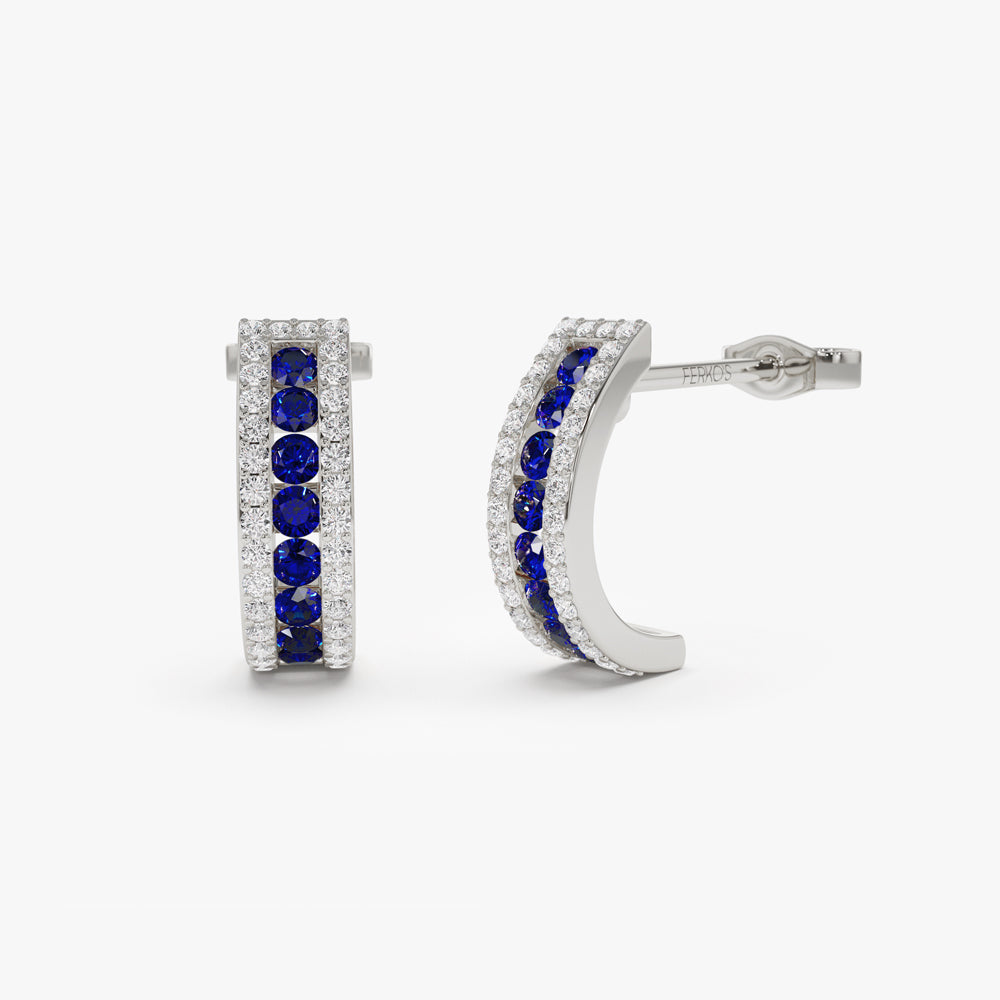 OBFJ1548 - 14k Sapphire and Round Diamond Hoop Earrings 5