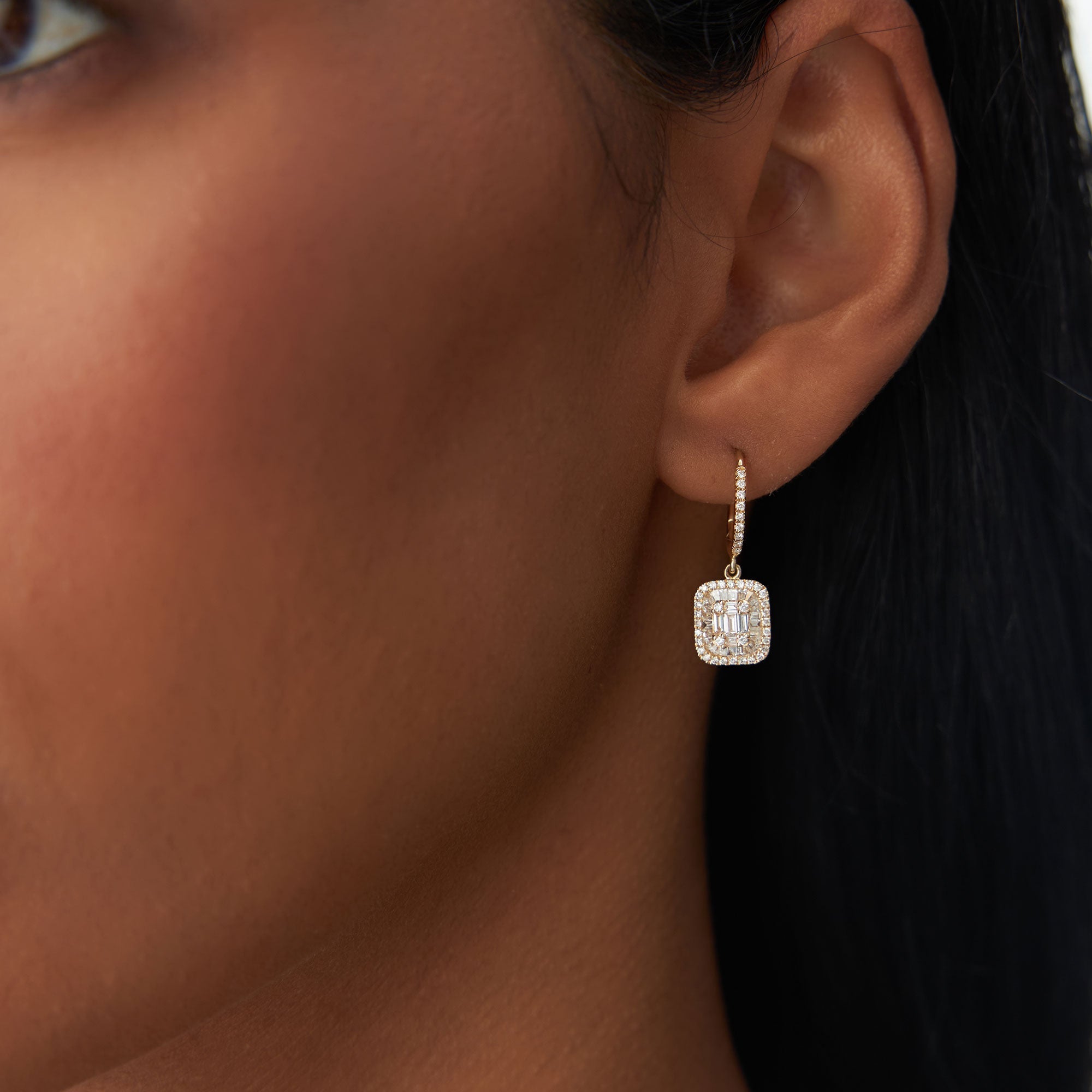 OBFJ0199 - Rose Illusion Setting Baguette Diamond Dangling Hoop Earrings earrings in selectable metal and diamond options - Roselle Jewelry view 3