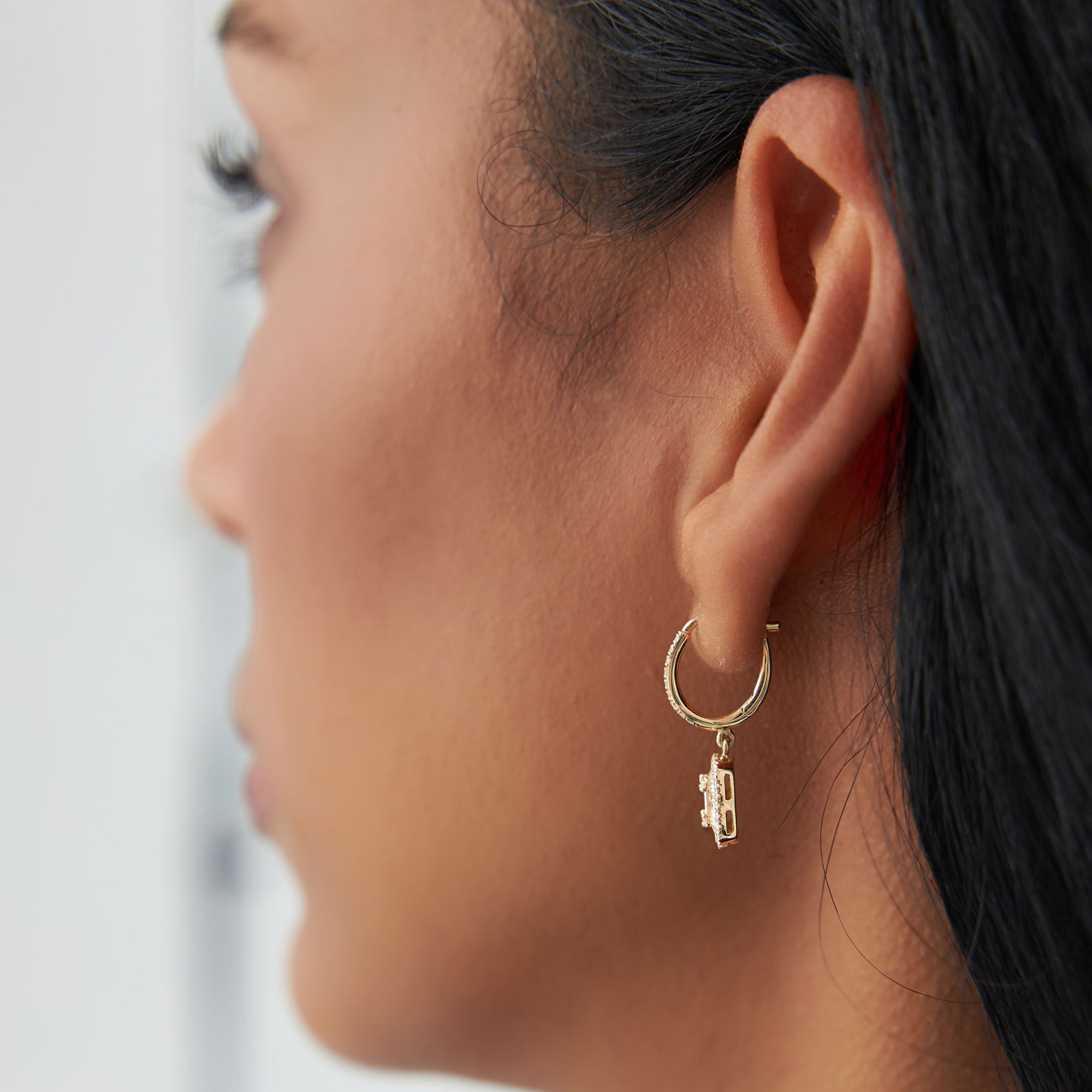 OBFJ0199 - Rose Illusion Setting Baguette Diamond Dangling Hoop Earrings earrings in selectable metal and diamond options - Roselle Jewelry view 5