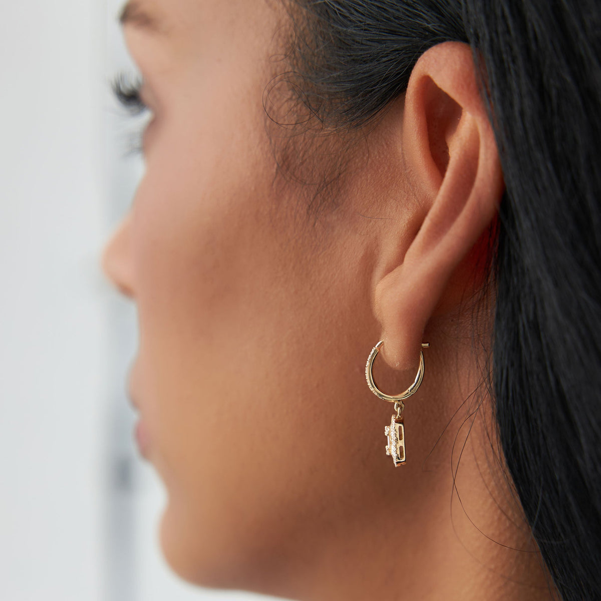 OBFJ0199 - Rose Illusion Setting Baguette Diamond Dangling Hoop Earrings earrings in selectable metal and diamond options - Roselle Jewelry view 5