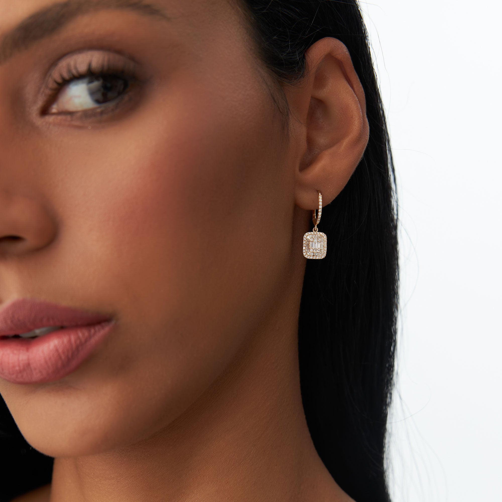 OBFJ0199 - Rose Illusion Setting Baguette Diamond Dangling Hoop Earrings earrings in selectable metal and diamond options - Roselle Jewelry view 2