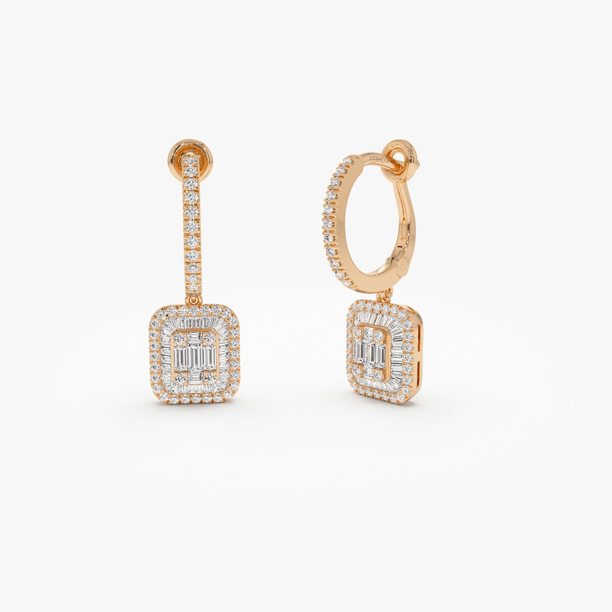 OBFJ0199 - Rose Illusion Setting Baguette Diamond Dangling Hoop Earrings earrings in selectable metal and diamond options - Roselle Jewelry view 1