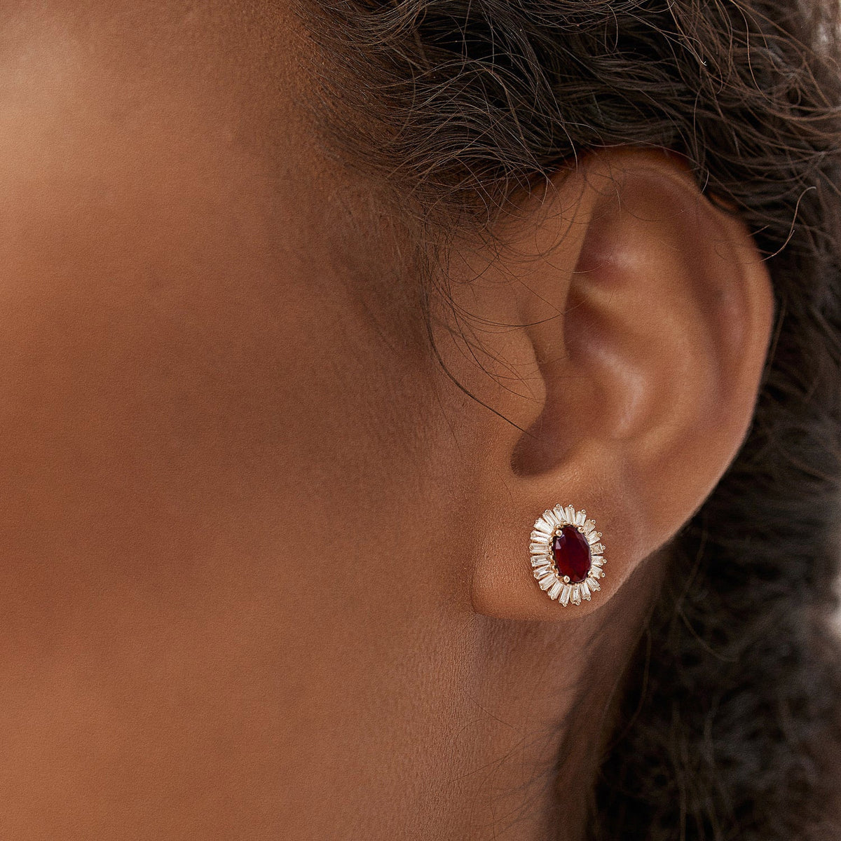 OBFJ1442 - Ruby and Baguette Diamond Ballerina Stud Earrings earrings in selectable metal and diamond options - Roselle Jewelry view 3