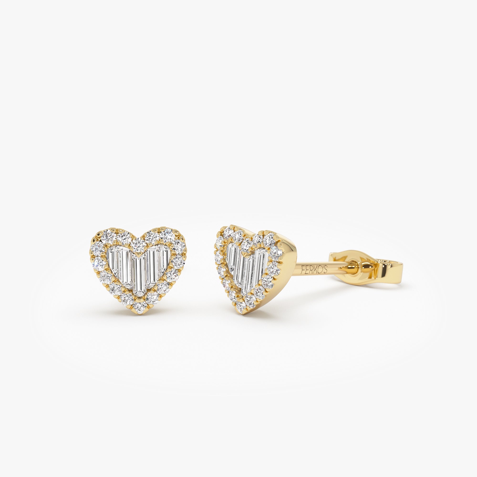 OBFJ1036 - 14K Gold Mini Baguette Diamond Heart Studs 1