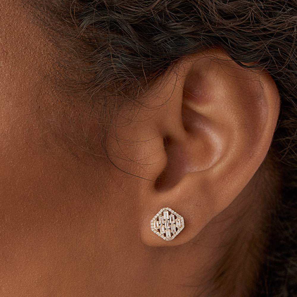 OBFJ0186 - 14k Rose Baguette Diamond Earrings in Halo Setting 2