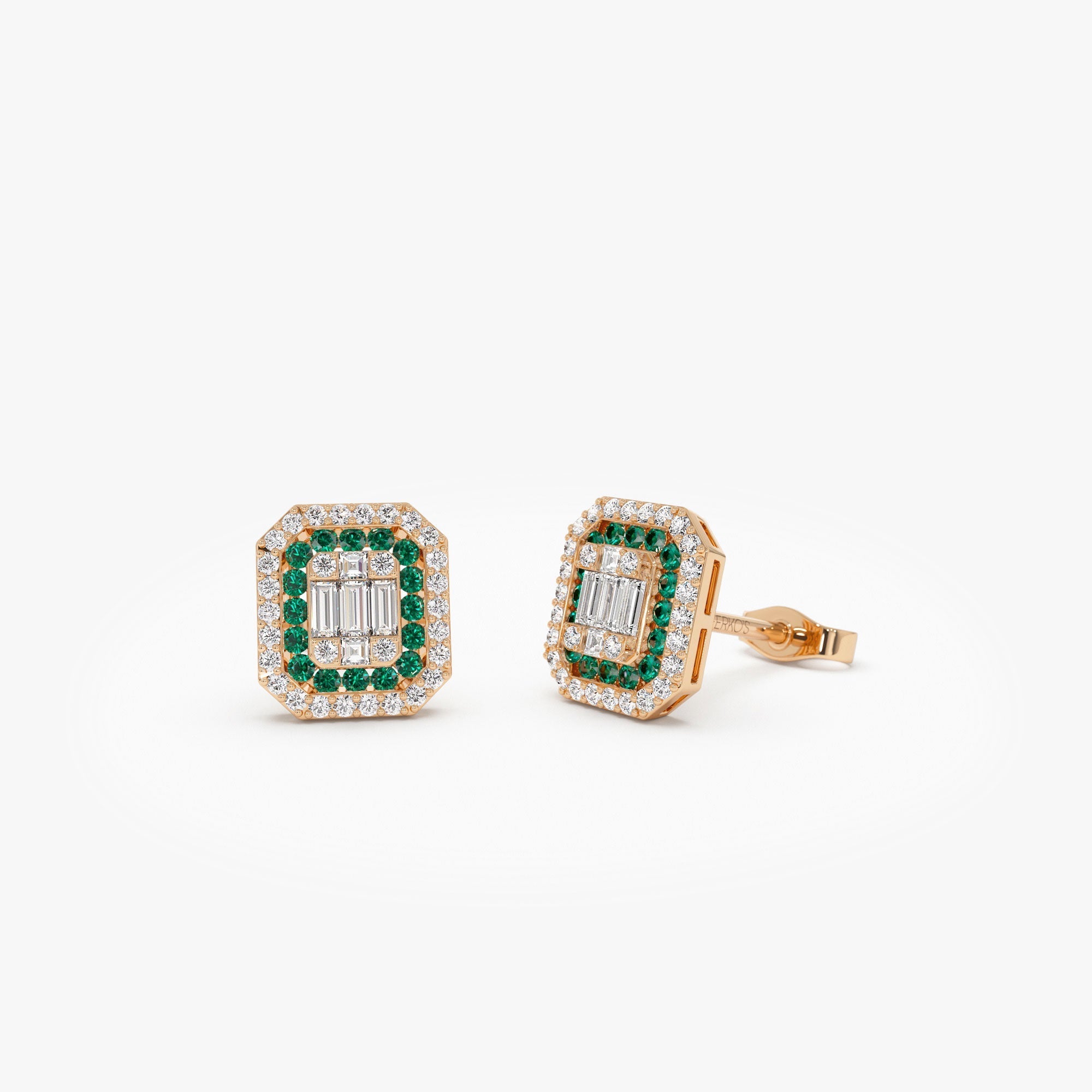 OBFJ0197 - 14k Rose Baguette and Round Emerald Studs Halo Setting 1