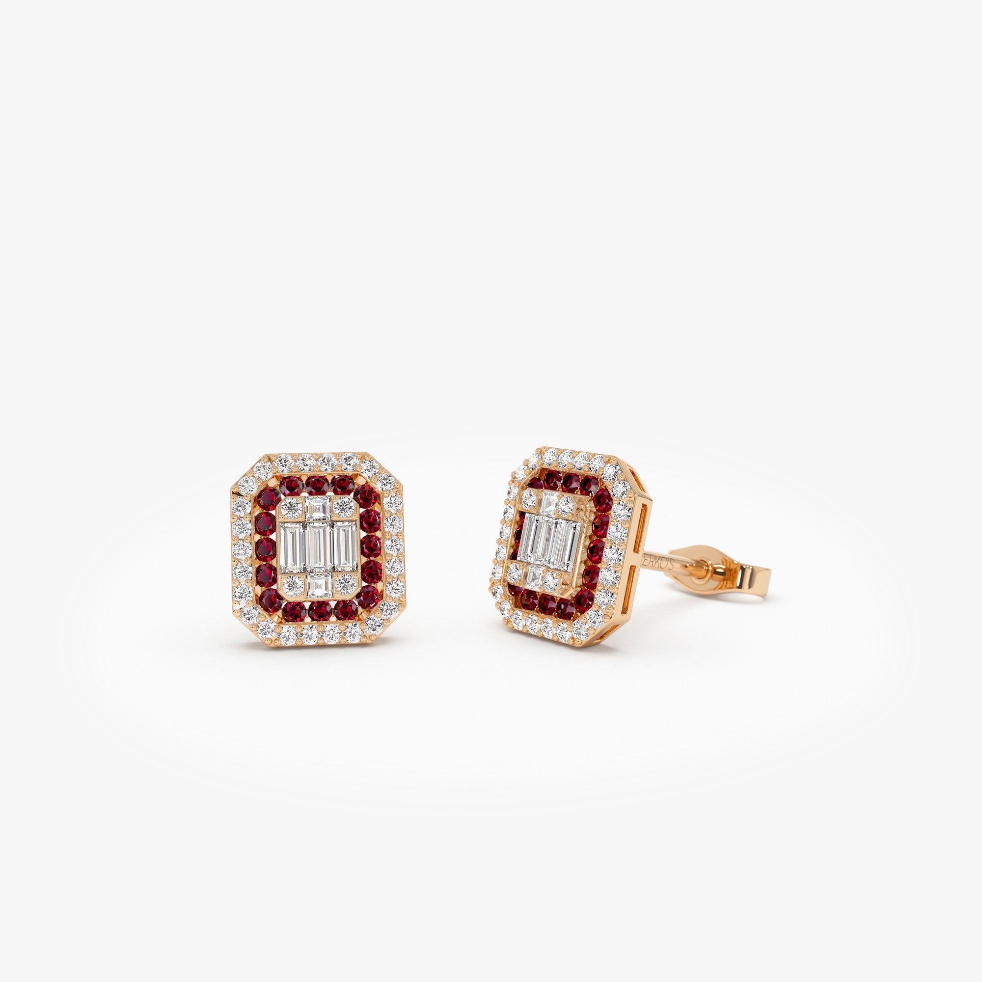 OBFJ1210 - 14k Baguette and Round Ruby Studs Halo Setting 3