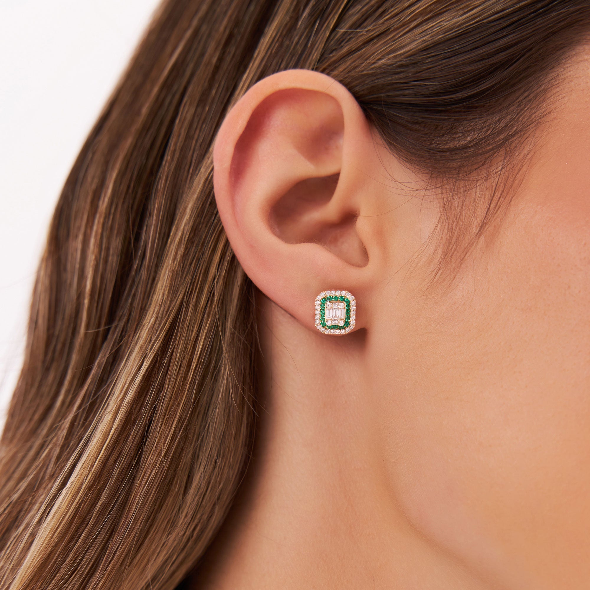 OBFJ1211 - 14k Baguette and Round Emerald Studs Halo Setting 2