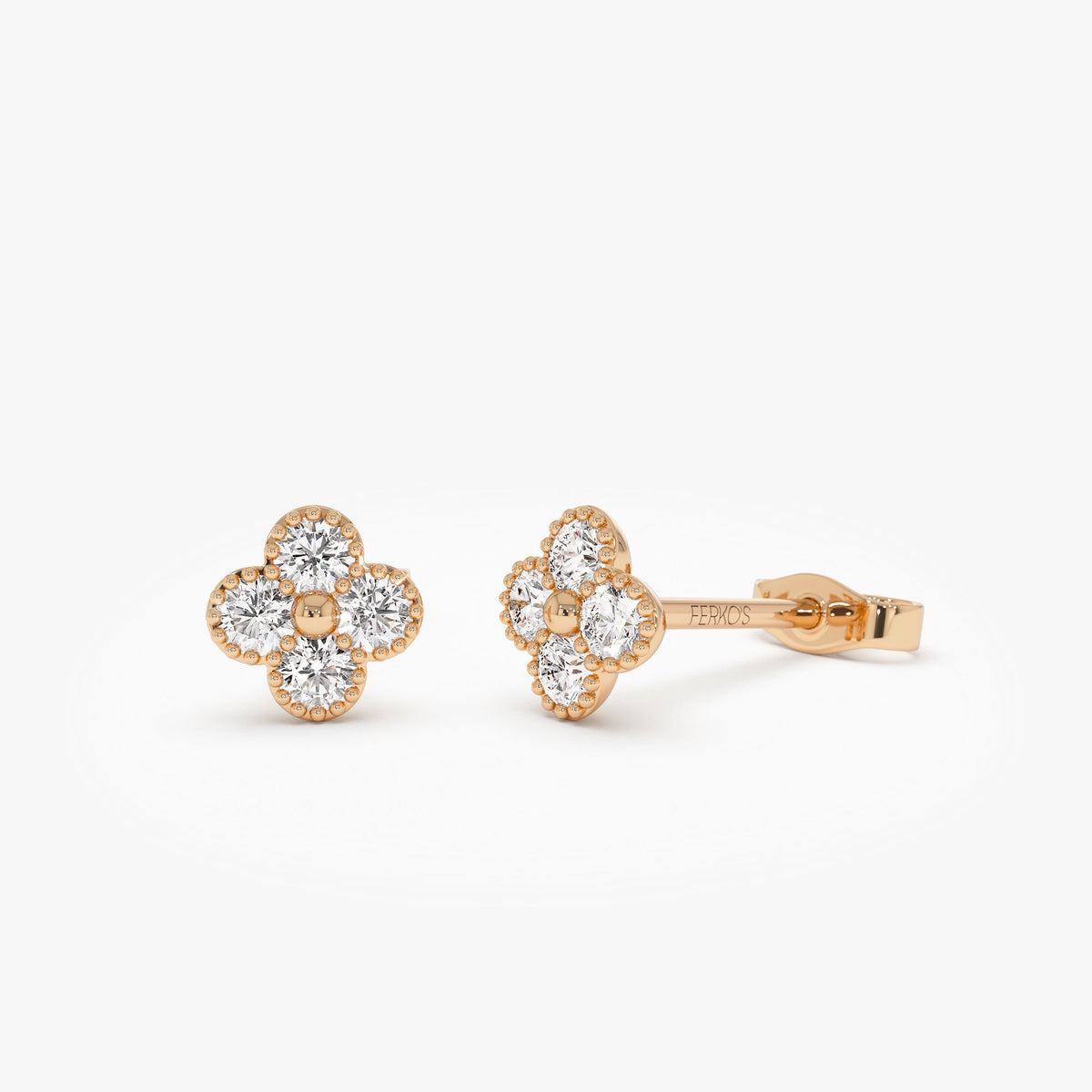 OBFJ1026 - Diamond Clover Beaded Studs earrings in selectable metal and diamond options - Roselle Jewelry view 4