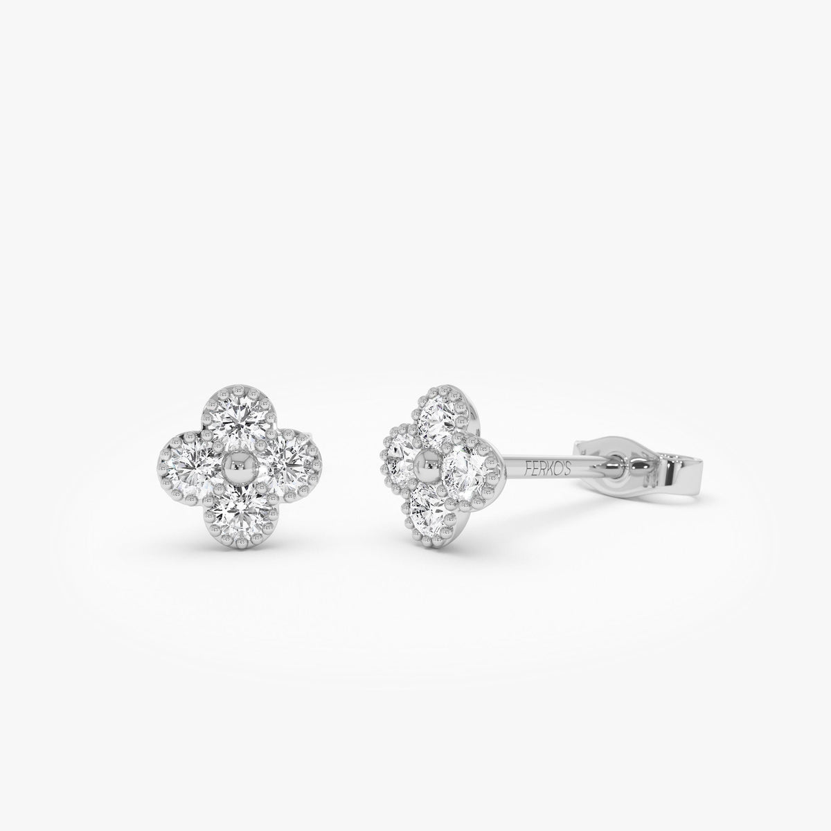 OBFJ1026 - Diamond Clover Beaded Studs earrings in selectable metal and diamond options - Roselle Jewelry view 5