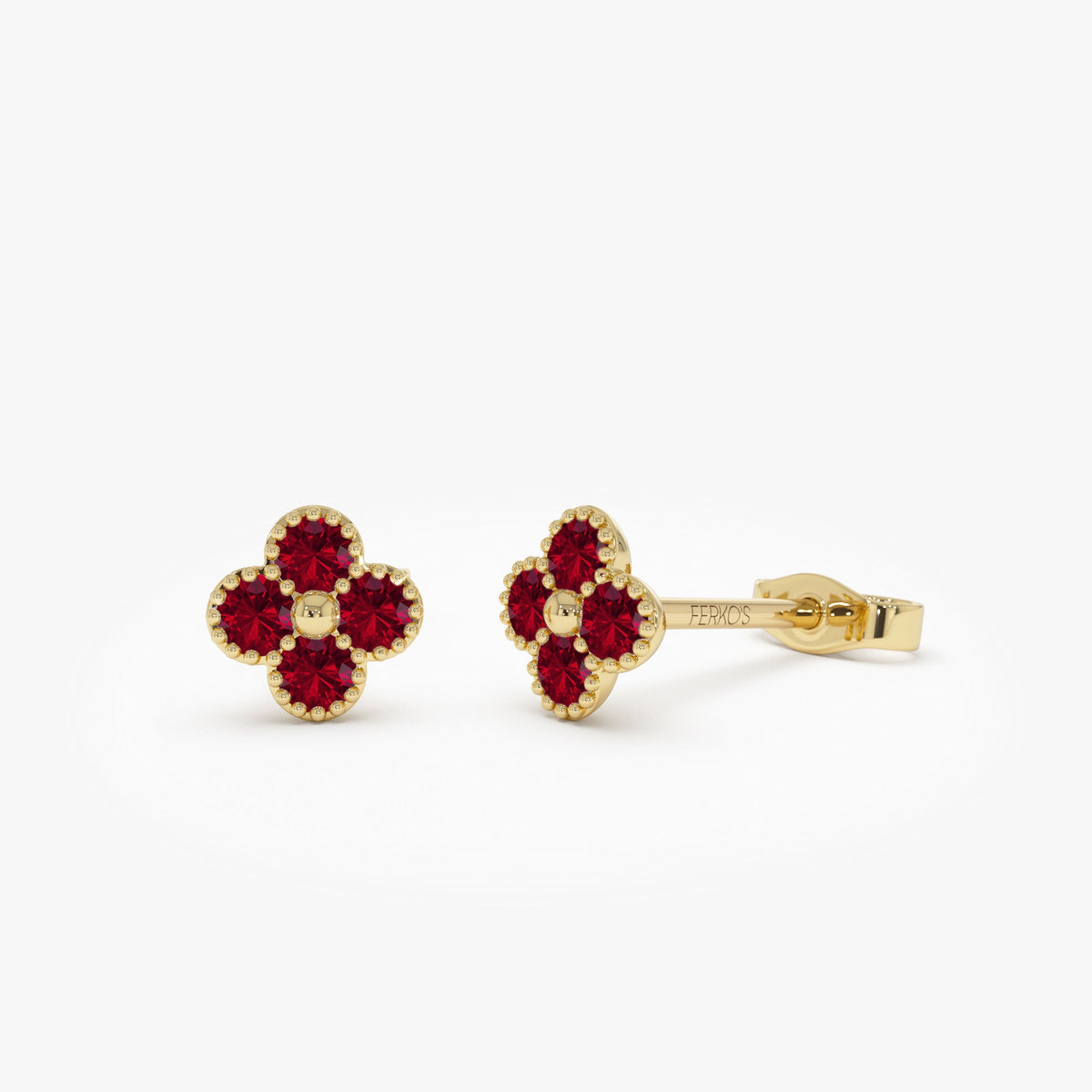 OBFJ1024 - Ruby Clover Beaded Studs earrings in selectable metal and diamond options - Roselle Jewelry view 1