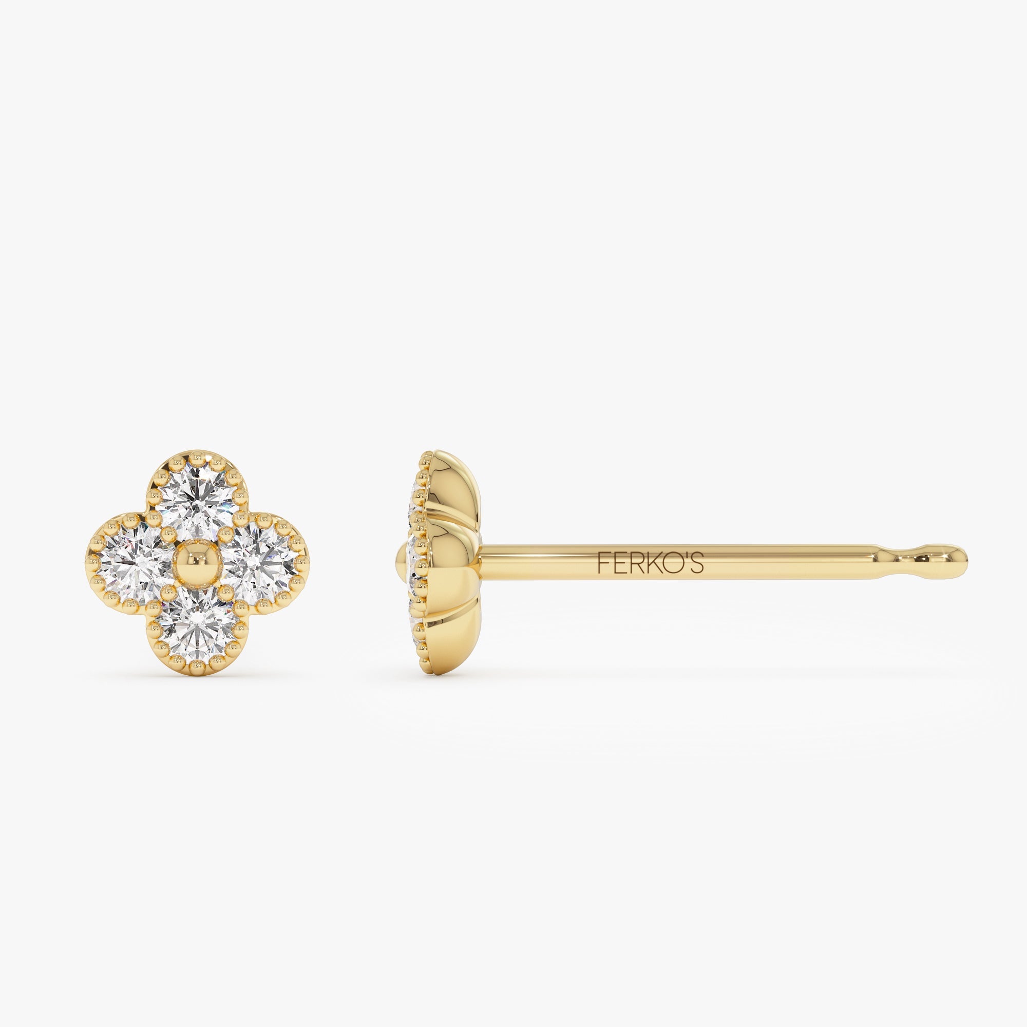OBFJ1026 - Diamond Clover Beaded Studs earrings in selectable metal and diamond options - Roselle Jewelry view 6