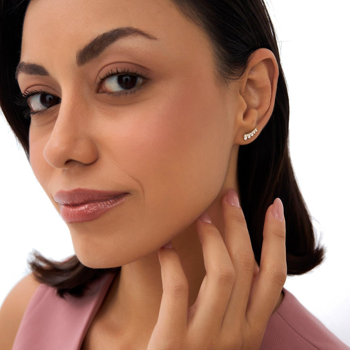 OBFJ1004 - Graduating Diamond Ear Climber Studs earrings in selectable metal and diamond options - Roselle Jewelry view 3