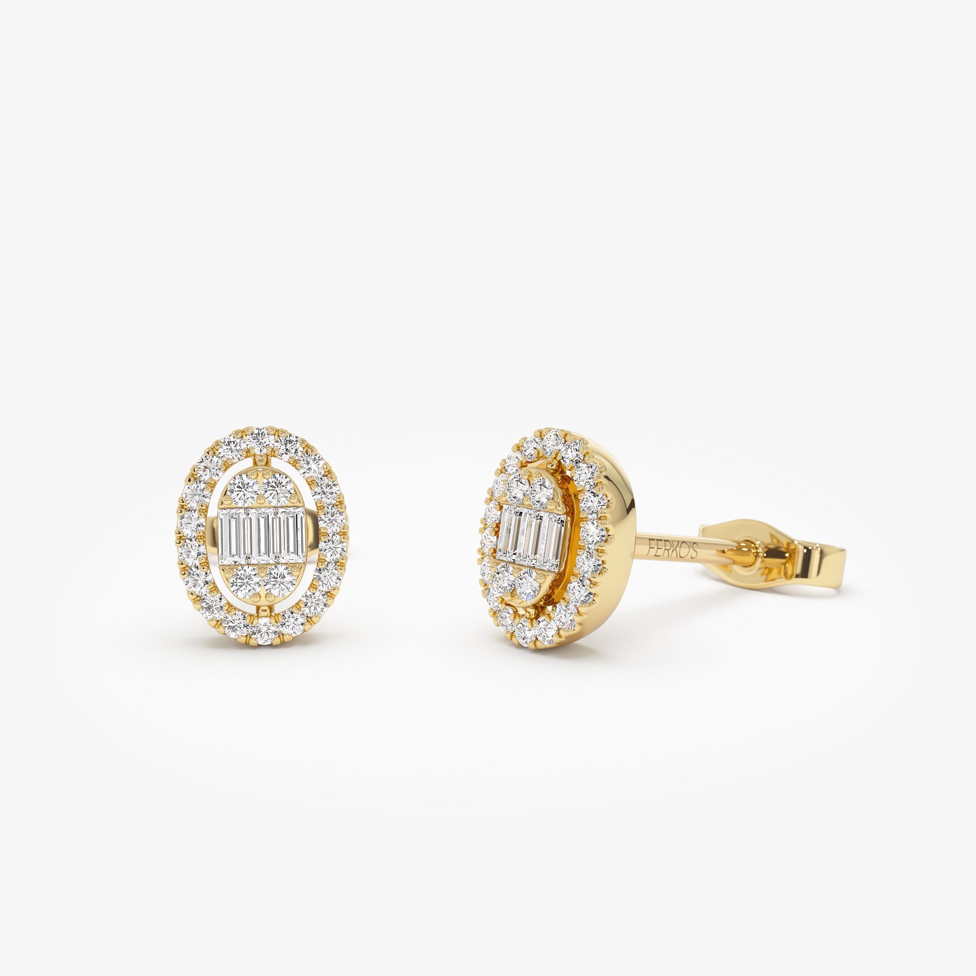 OBFJ0943 - 14k Oval Shaped Baguette & Round Diamond Mini Studs 1
