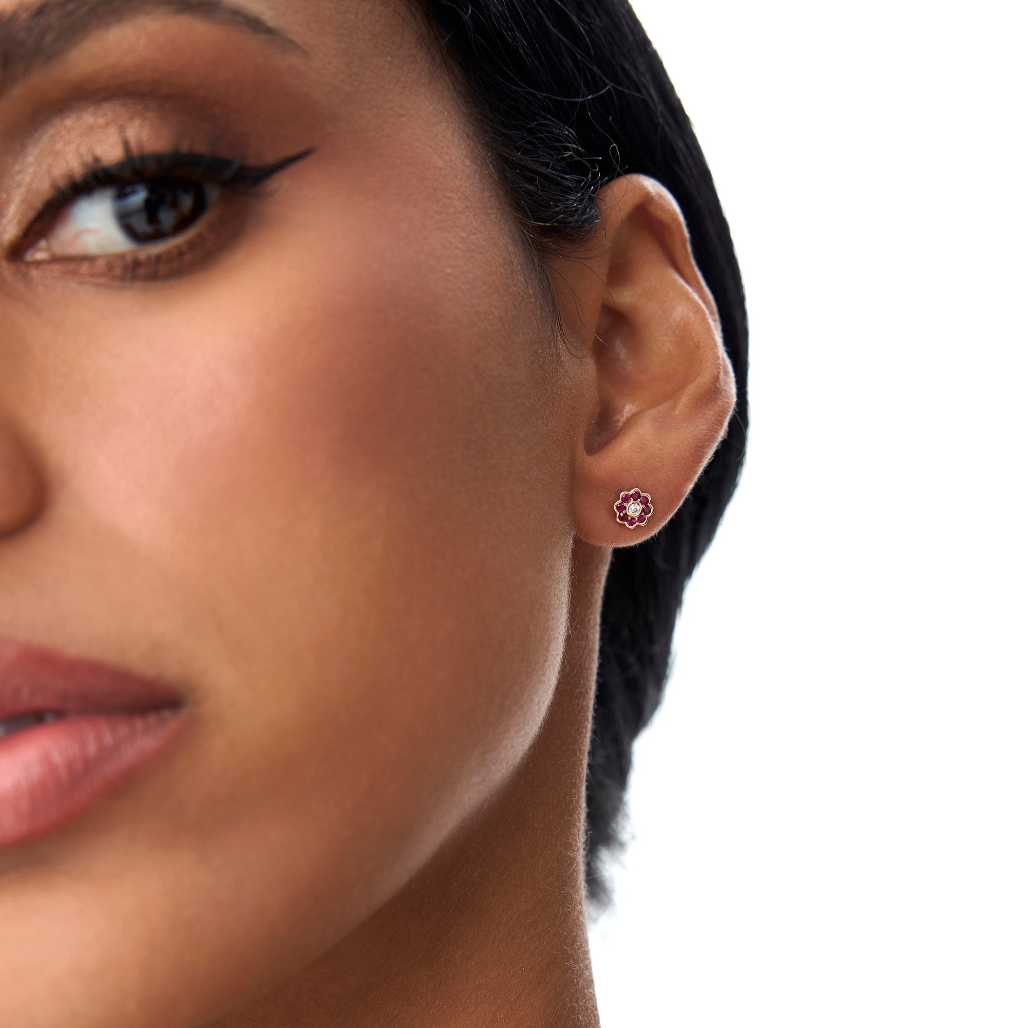 OBFJ0891 - 14K Bezel Setting Ruby Flower Diamond Studs 4
