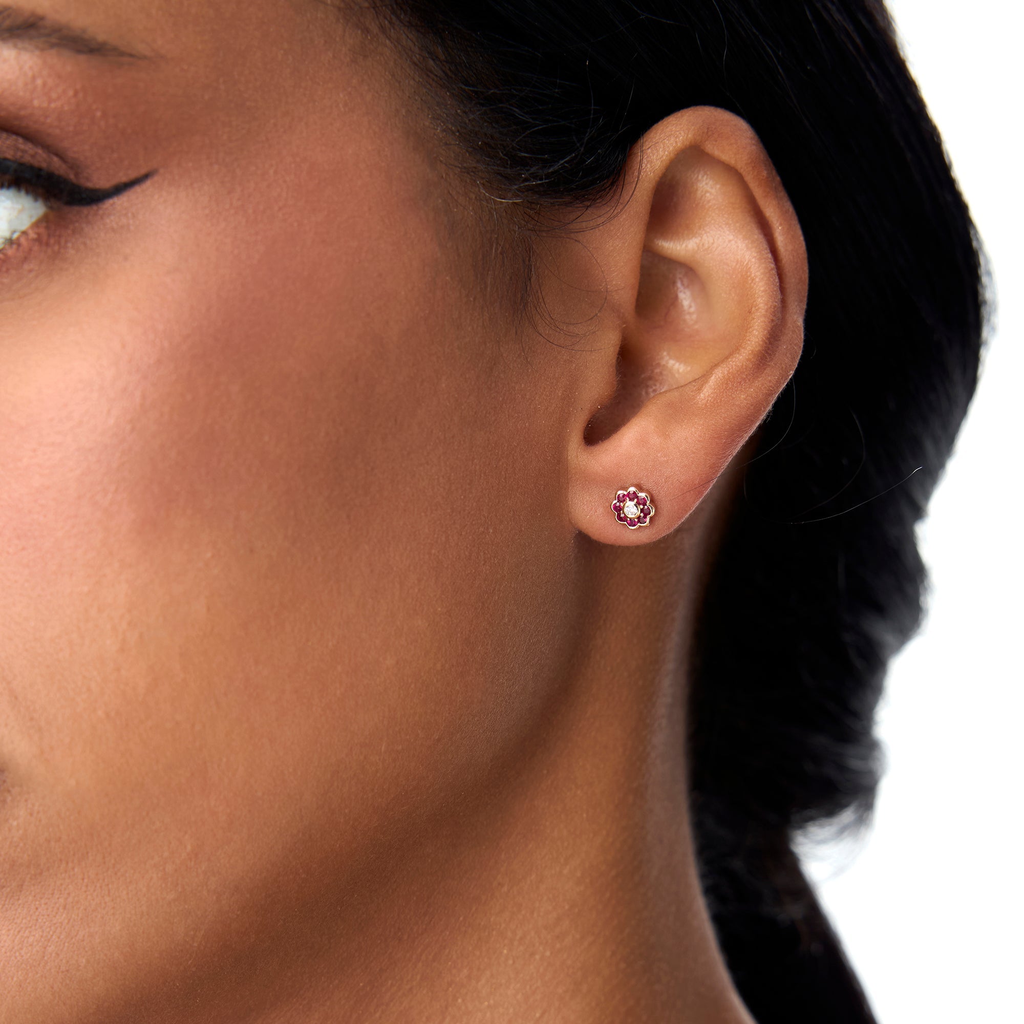 OBFJ0891 - 14K Bezel Setting Ruby Flower Diamond Studs 3