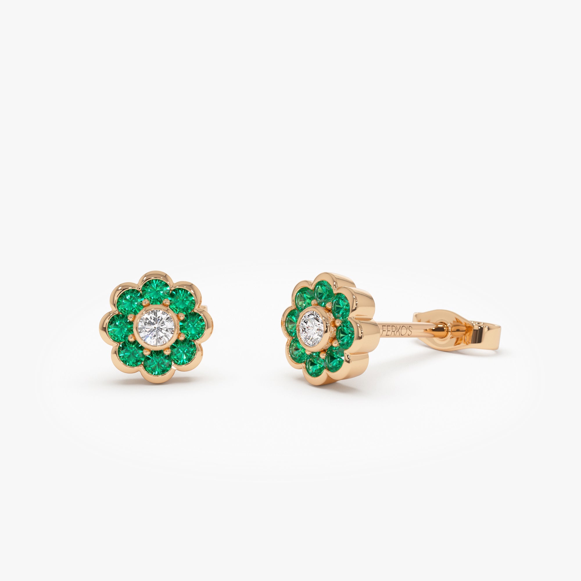 OBFJ0892 - 14K Bezel Setting Emerald Flower Diamond Studs 5