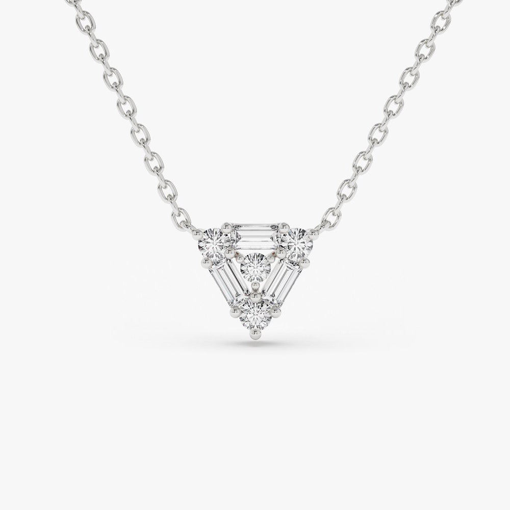 OBFJ2000 - Triangle Shaped Round and Baguette Diamond Necklace necklace in selectable metal and diamond options - Roselle Jewelry view 5