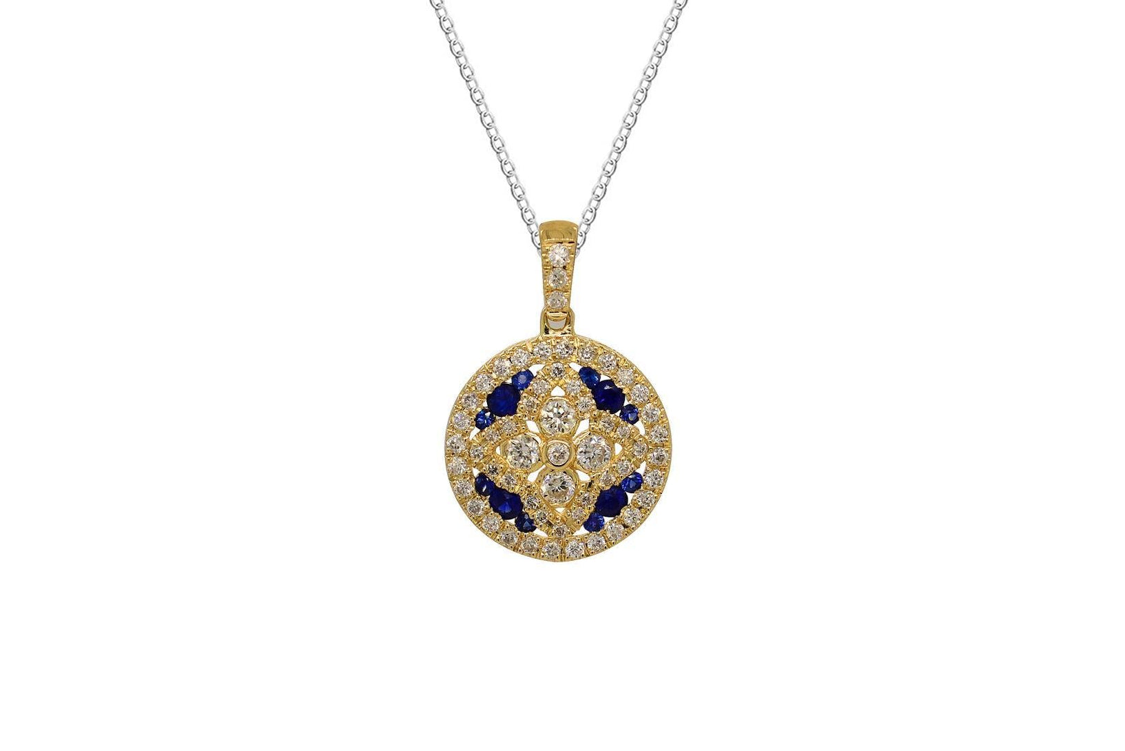 OBFJ0060 - 14k Gold Sapphire and Diamond Floral Design Necklace 1