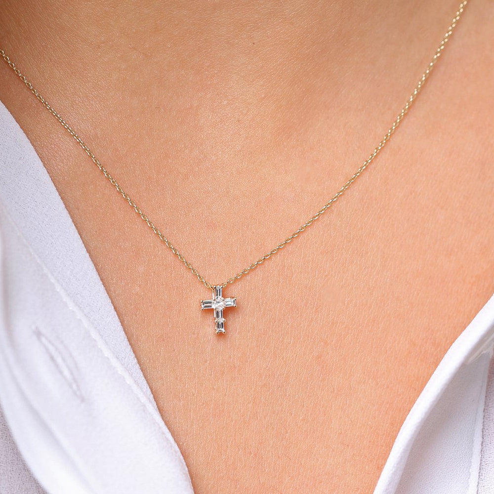 OBFJ1881 - Baguette Diamond Tiny Cross Necklace necklace in selectable metal and diamond options - Roselle Jewelry view 4