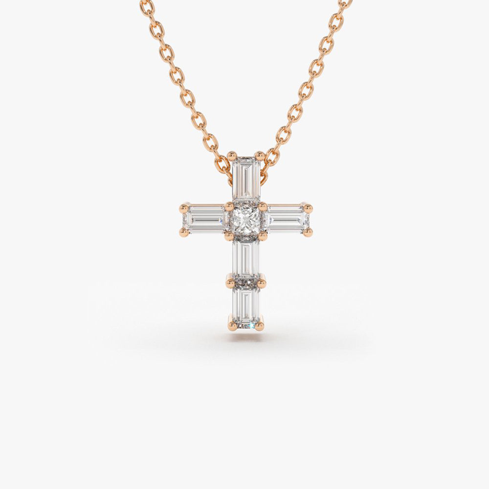 OBFJ1881 - Baguette Diamond Tiny Cross Necklace necklace in selectable metal and diamond options - Roselle Jewelry view 7