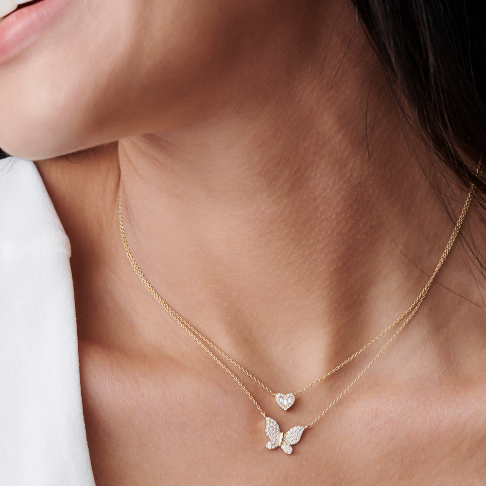 OBFJ2236 - Round and Baguette Diamond Mini Heart Necklace in necklace in selectable metal and diamond options - Roselle Jewelry view 5
