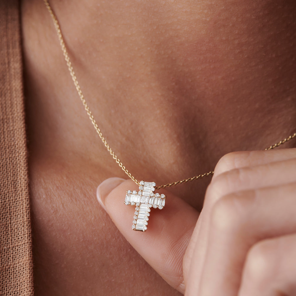 OBFJ2275 - Unique Cross with Baguettes and Round Diamonds necklace in selectable metal and diamond options - Roselle Jewelry view 2