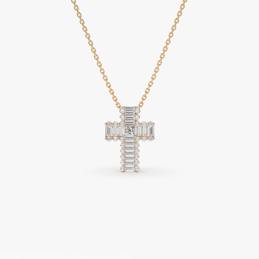 OBFJ2275 - Unique Cross with Baguettes and Round Diamonds necklace in selectable metal and diamond options - Roselle Jewelry view 6