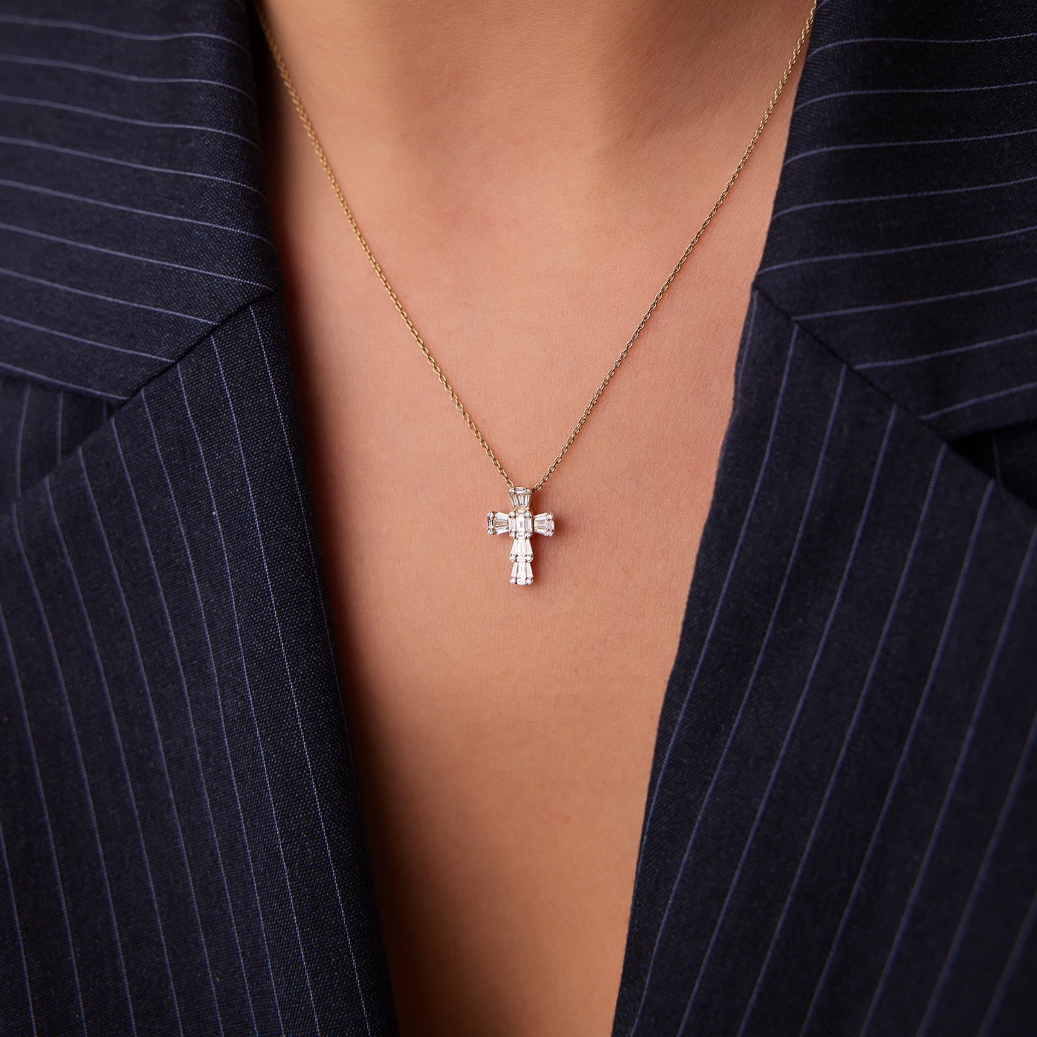 OBFJ1436 - Illusion Setting Baguette Diamond Cross necklace in selectable metal and diamond options - Roselle Jewelry view 4