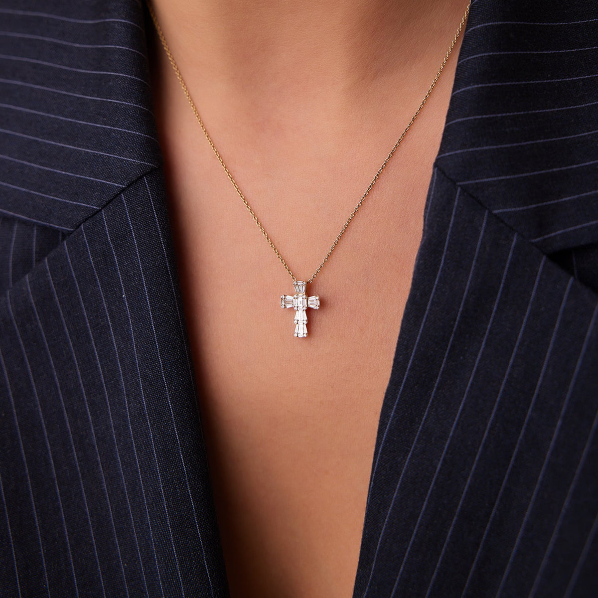 OBFJ1436 - Illusion Setting Baguette Diamond Cross necklace in selectable metal and diamond options - Roselle Jewelry view 4