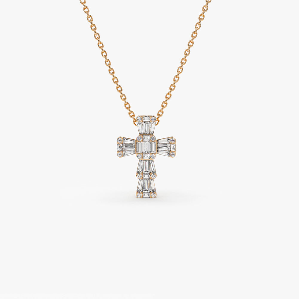 OBFJ1436 - Illusion Setting Baguette Diamond Cross necklace in selectable metal and diamond options - Roselle Jewelry view 5