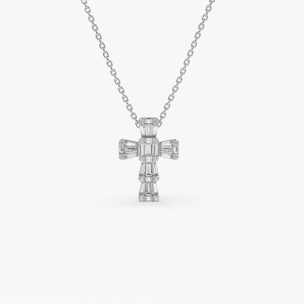 OBFJ1436 - Illusion Setting Baguette Diamond Cross necklace in selectable metal and diamond options - Roselle Jewelry view 6