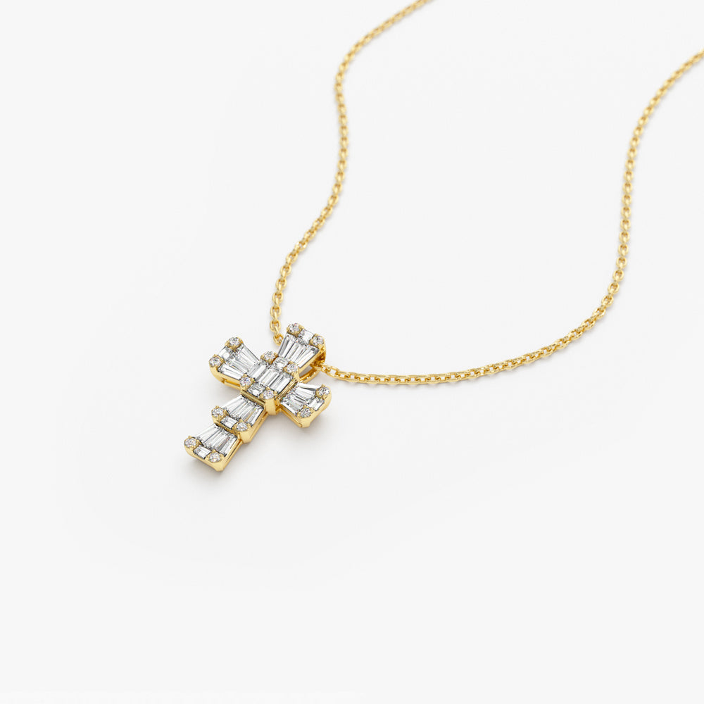 OBFJ1436 - Illusion Setting Baguette Diamond Cross necklace in selectable metal and diamond options - Roselle Jewelry view 7