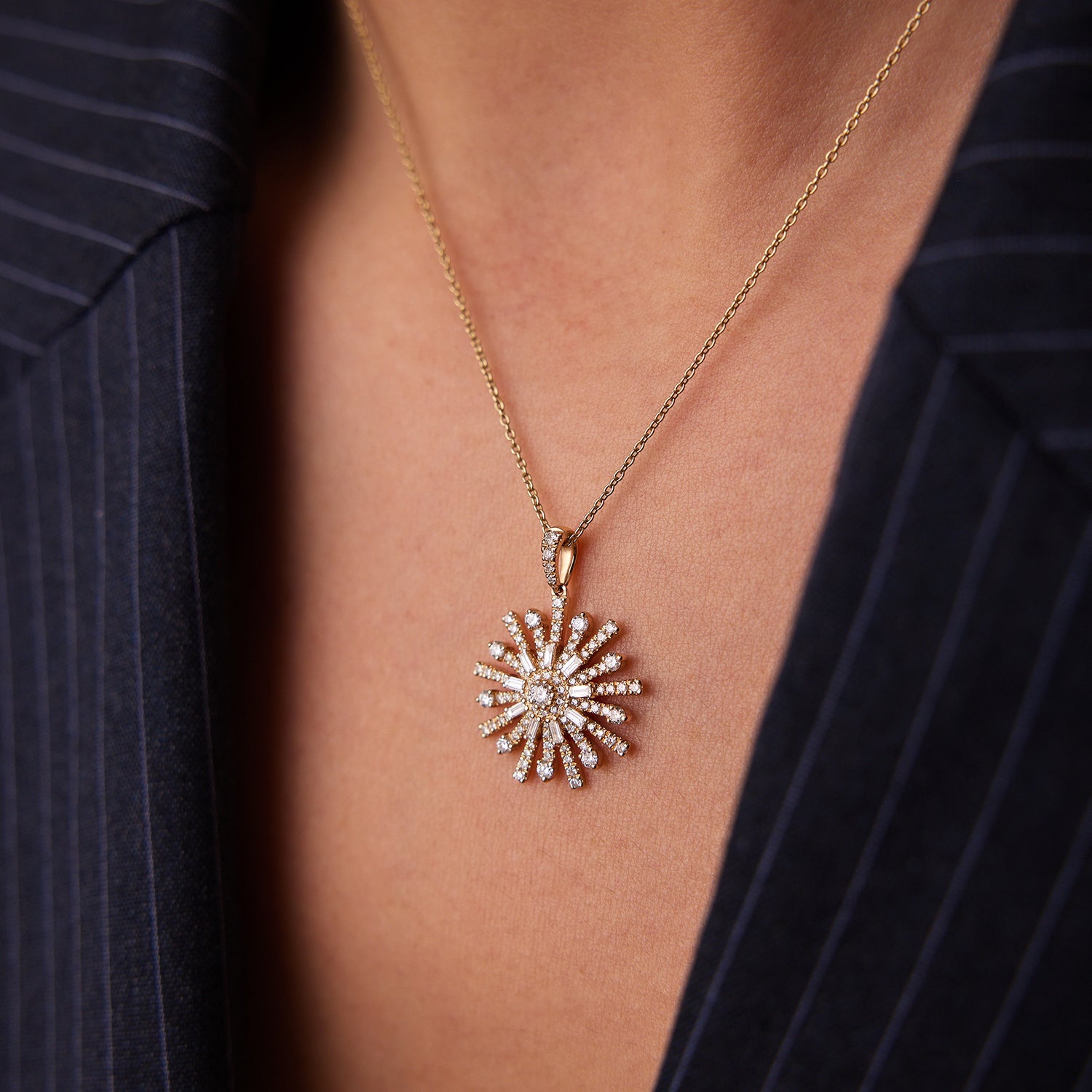 OBFJ1550 - Baguette Diamond Unique Necklace necklace in selectable metal and diamond options - Roselle Jewelry view 2