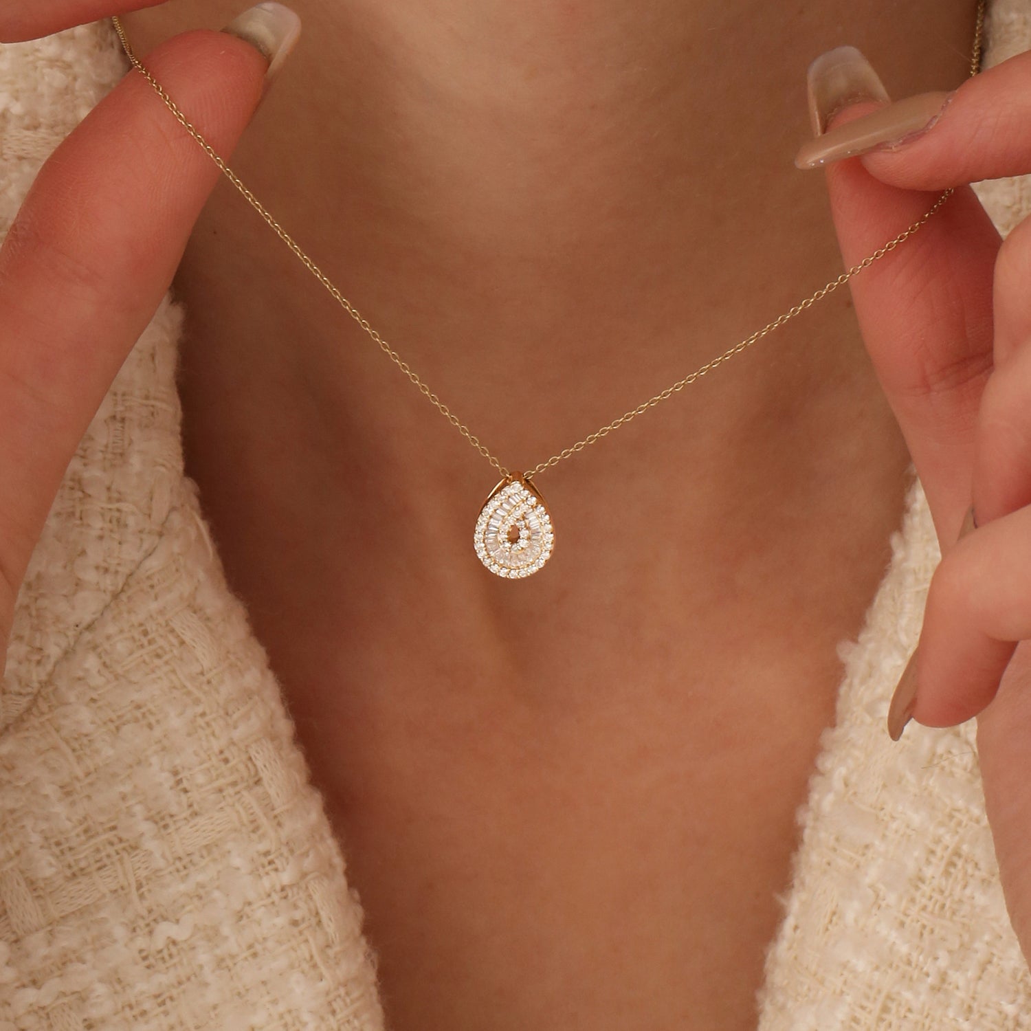 OBFJ1457 - Teardrop Shape Baguette and Round Diamond Statement Necklace necklace in selectable metal and diamond options - Roselle Jewelry view 4
