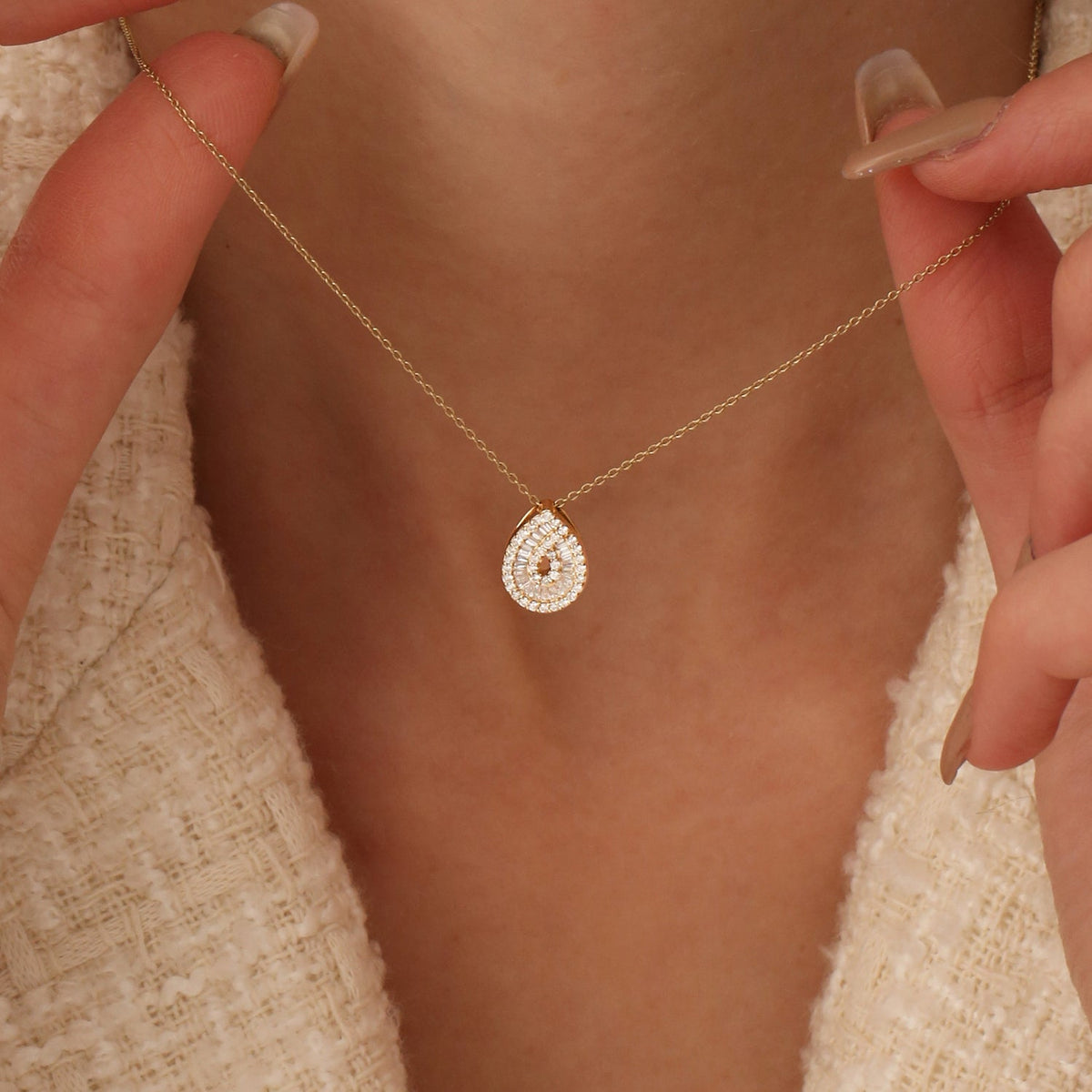 OBFJ1457 - Teardrop Shape Baguette and Round Diamond Statement Necklace necklace in selectable metal and diamond options - Roselle Jewelry view 4