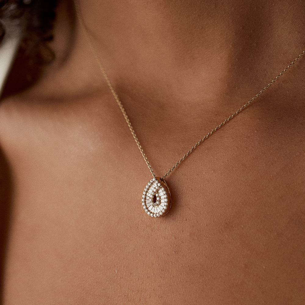 OBFJ1457 - Teardrop Shape Baguette and Round Diamond Statement Necklace necklace in selectable metal and diamond options - Roselle Jewelry view 2