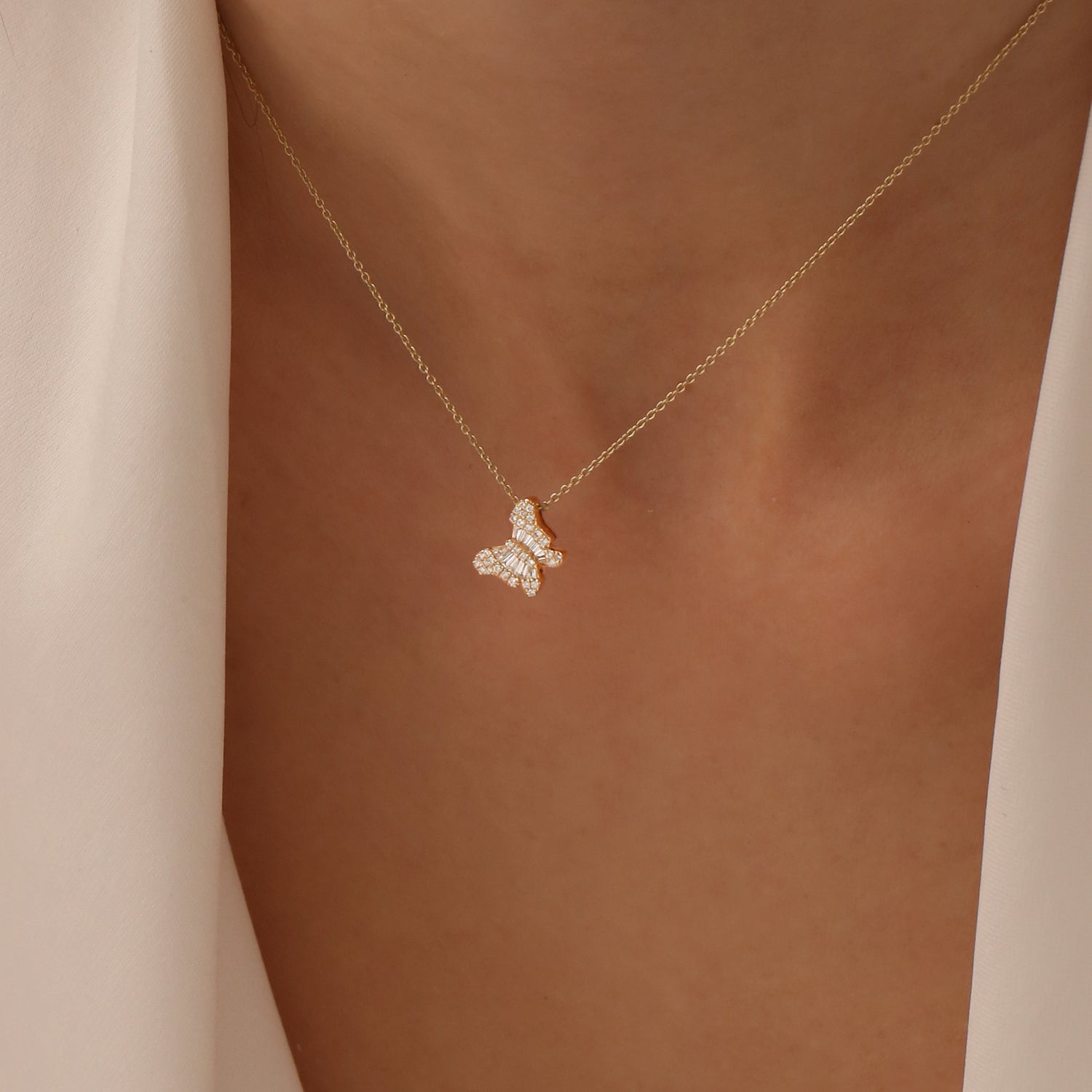 OBFJ1460 - Baguette Diamond Butterfly Necklace necklace in selectable metal and diamond options - Roselle Jewelry view 3