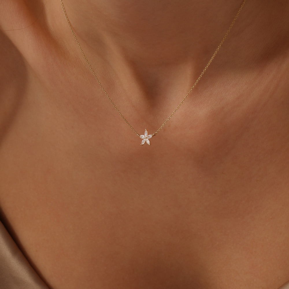 OBFJ1497 - 14k Marquise Shaped Diamond Flower Design Necklace 5