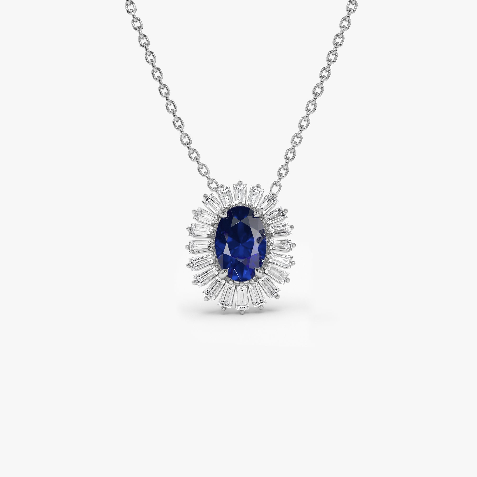 OBFJ1182 - 14k Oval Shape Sapphire with Baguette Halo Setting Necklace 6