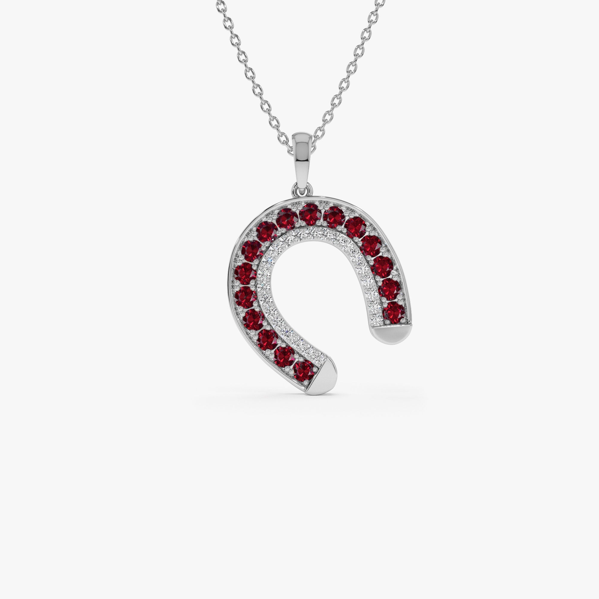 OBFJ1189 - Ruby and Diamond Horseshoe Pendant necklace in selectable metal and diamond options - Roselle Jewelry view 5