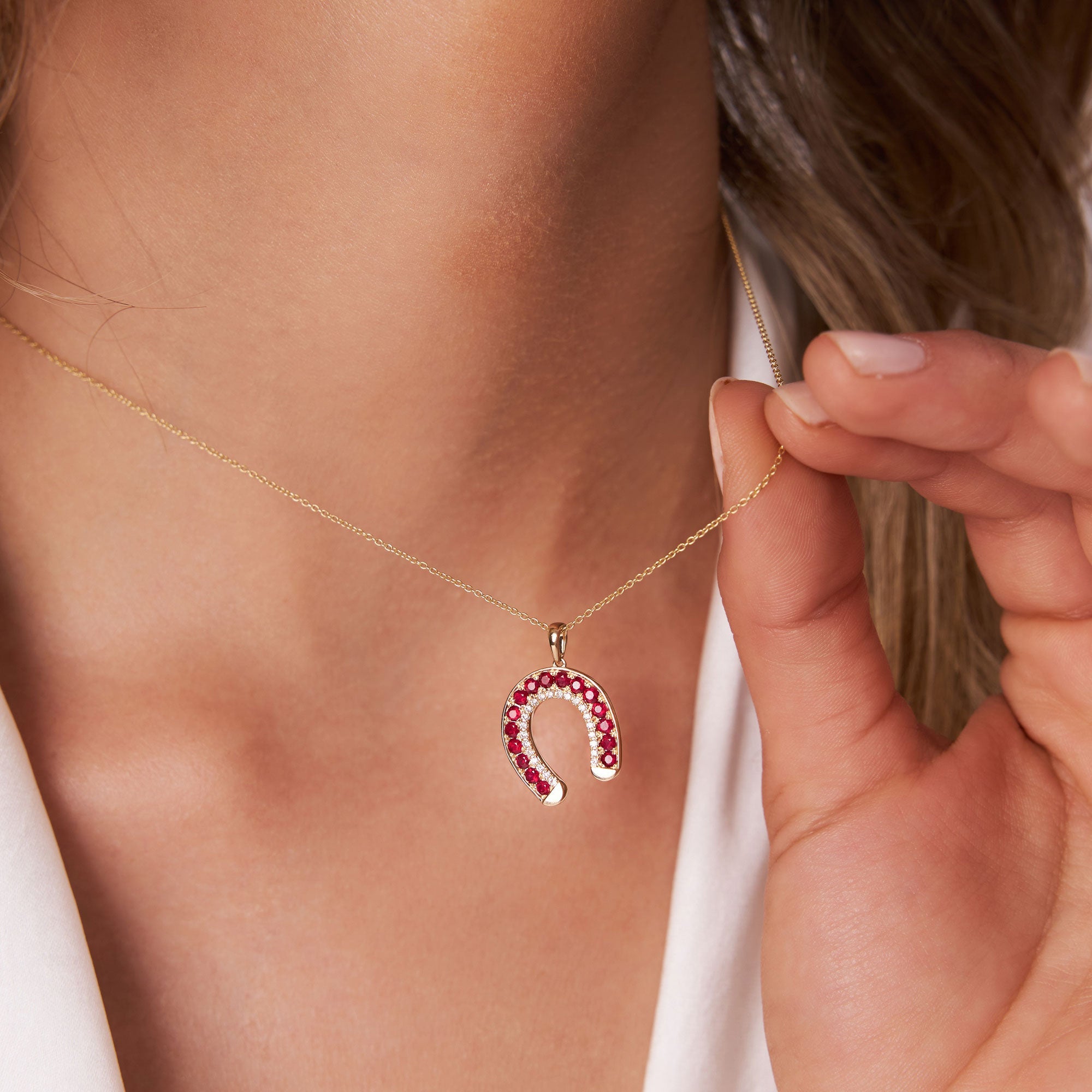 OBFJ1189 - Ruby and Diamond Horseshoe Pendant necklace in selectable metal and diamond options - Roselle Jewelry view 2