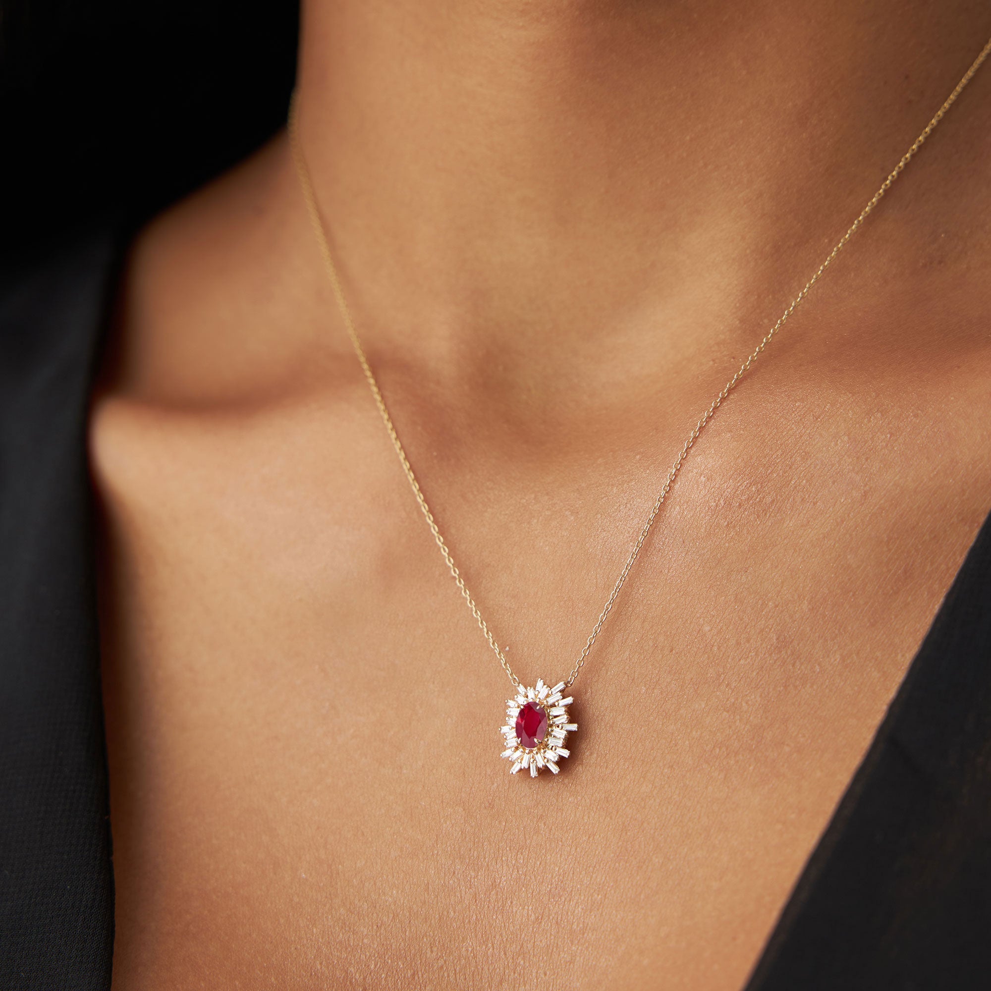 OBFJ1216 - 14k Oval Shape Ruby Necklace with Ballerina Baguettes 5
