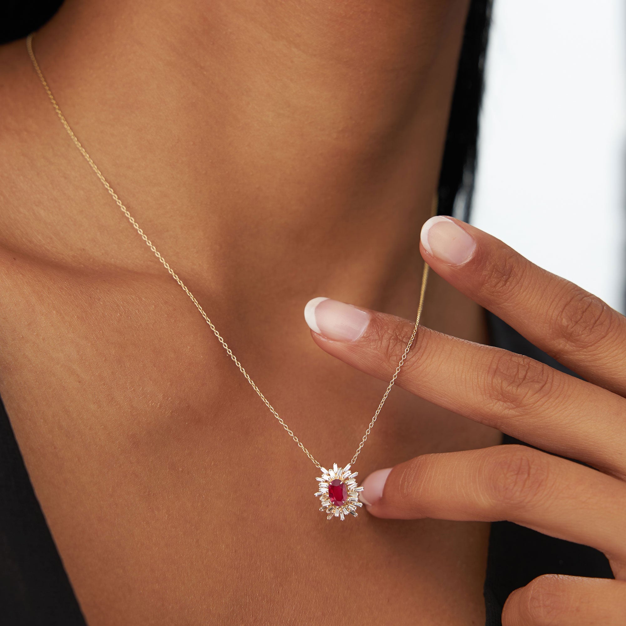 OBFJ1216 - 14k Oval Shape Ruby Necklace with Ballerina Baguettes 2