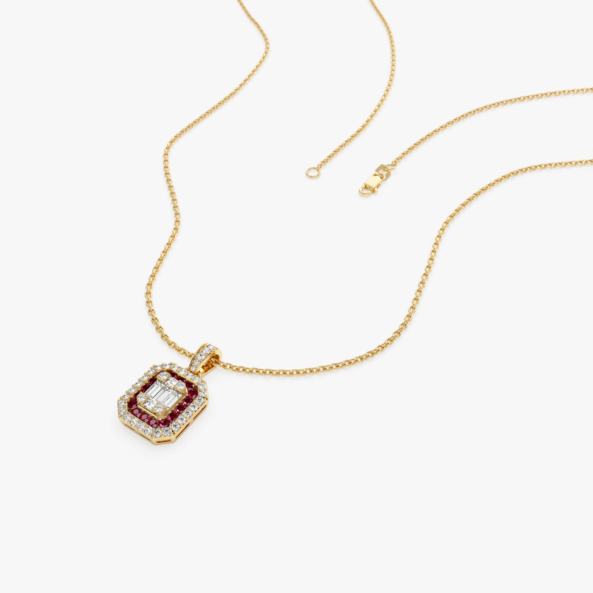 OBFJ1103 - 14k Baguette and Round Ruby Necklace with Halo Setting 6